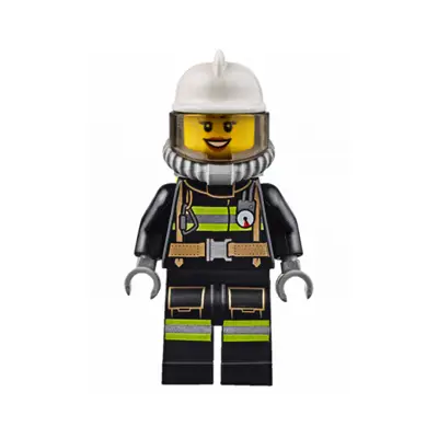  Fire - Reflective Stripes with Utility Belt, White Fire Helmet, Breathing Neck Gear with Air Tanks, Trans-Brown Visor, Dark Orange Lips Open Mouth Smile