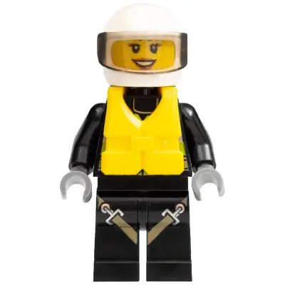 Fire - Reflective Stripes with Utility Belt and Flashlight, Life Jacket Center Buckle, White Helmet, Trans-Brown Visor, Dark Orange Lips Open Mouth Smile