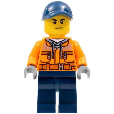  Construction Worker - Male, Orange Safety Jacket, Reflective Stripe, Sand Blue Hoodie, Dark Blue Legs, Dark Blue Cap with Hole, Scowl