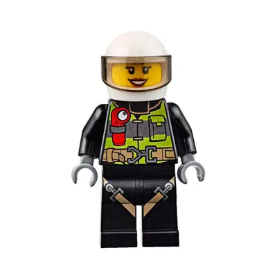  Fire - Reflective Stripes with Utility Belt and Flashlight, White Helmet, Trans-Brown Visor, Dark Orange Lips Open Mouth Smile