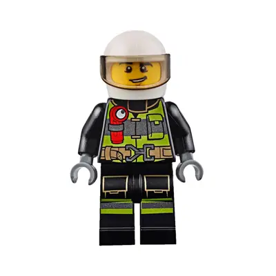  Fire - Reflective Stripes with Utility Belt and Flashlight, White Helmet, Trans-Brown Visor, Lopsided Grin