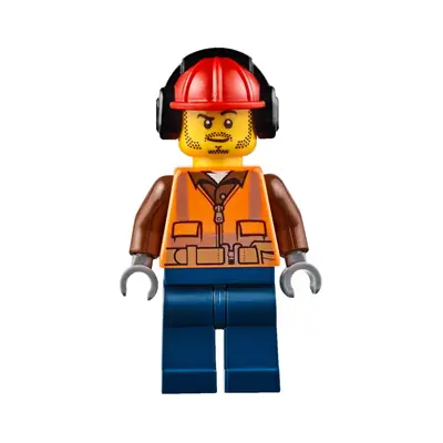  Fire - Male, Orange Safety Vest, Reflective Stripes, Reddish Brown Shirt, Dark Blue Legs, Red Construction Helmet with Black Ear Protectors / Headphones, Stubble