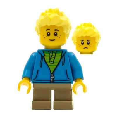  Boy, Dark Azure Hoodie with Green Striped Shirt, Dark Tan Short Legs, Freckles