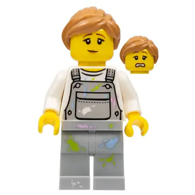  Fence Painter - Female, Light Bluish Gray Overalls with Paint Splotches, Medium Nougat Ponytail
