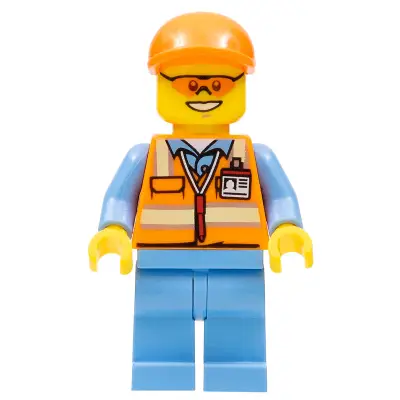  Orange Safety Vest with Reflective Stripes, Medium Blue Legs, Orange Short Bill Cap, Orange Sunglasses