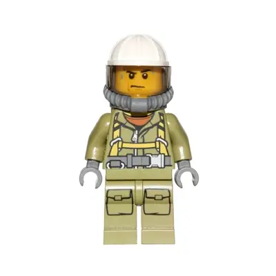  Volcano Explorer - Male Worker, Suit with Harness, Construction Helmet, Breathing Neck Gear with Yellow Air Tanks, Trans-Brown Visor, Sweat Drops