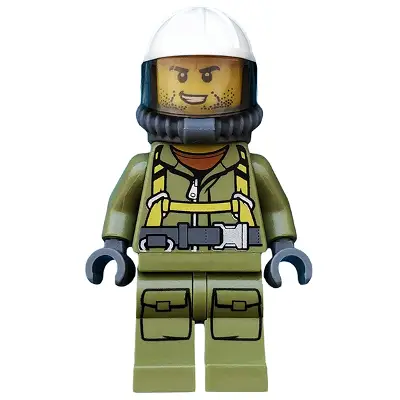  Volcano Explorer - Male Worker, Suit with Harness, Construction Helmet, Breathing Neck Gear with Yellow Air Tanks, Trans-Brown Visor, Stubble