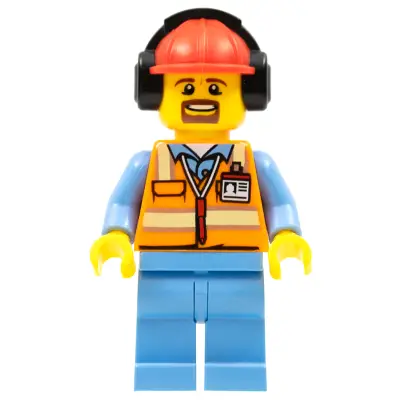  Orange Safety Vest with Reflective Stripes, Medium Blue Legs, Red Construction Helmet with Black Ear Protectors / Headphones