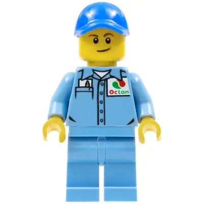  Medium Blue Uniform Shirt with Pocket and Octan Logo, Medium Blue Legs, Blue Cap with Hole, Lopsided Smile