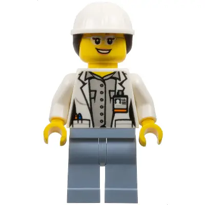  Volcano Explorer - Female Scientist, White Construction Helmet with Dark Brown Ponytail Hair