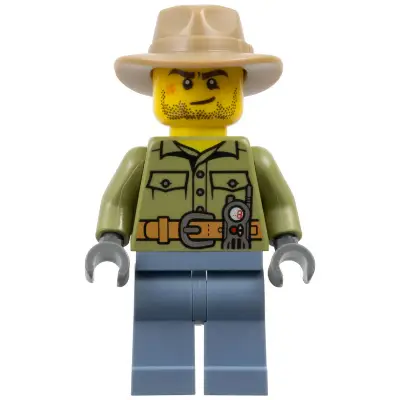 Volcano Explorer - Male, Shirt with Belt and Radio, Dark Tan Fedora Hat, Crooked Smile and Scar