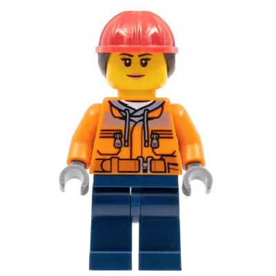  Construction Worker - Female, Orange Safety Jacket, Reflective Stripe, Sand Blue Hoodie, Dark Blue Legs, Red Construction Helmet with Dark Brown Ponytail Hair, Nougat Lips