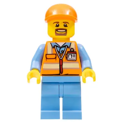  Orange Safety Vest with Reflective Stripes, Medium Blue Legs, Orange Short Bill Cap, Goatee