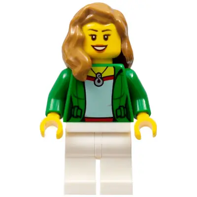  Airplane Passenger - Female, Green Jacket Open with Necklace, White Legs, Medium Nougat Hair over Shoulder, Open Mouth Smile with Teeth