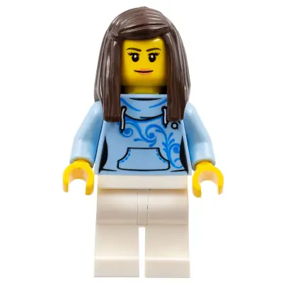  Pizza Van Customer Female, Bright Light Blue Hoodie with Swirl Flower Pattern, Dark Brown Hair