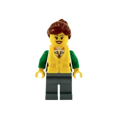  Angler - Female, White and Green Sweatshirt with Zipper, Sand Blue Legs, Reddish Brown Hair with Ponytail, Yellow Life Jacket with Center Buckle