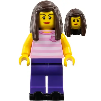  Rollerskater - Female, Bright Pink Striped Shirt with Cat Head, Dark Purple Legs, Dark Brown Long Hair, Red Lips, Black Skates