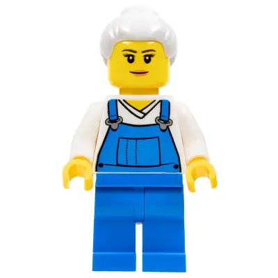  Farm Hand, Female, Overalls Blue over V-Neck Shirt, Light Bluish Gray Hair with Top Knot Bun