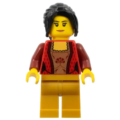  Female Corset with Gold Panel Front and Lace Up Back Pattern, Pearl Gold Legs, Black Hair Ponytail Long with Side Bangs