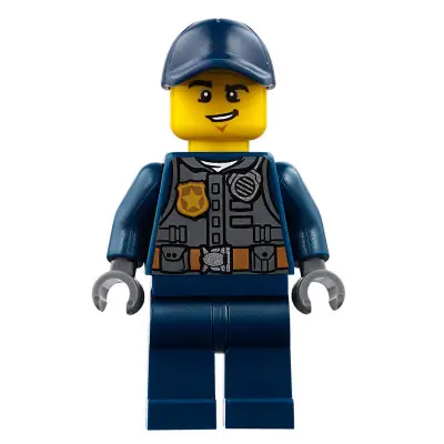  Police - City Officer with Dark Bluish Gray Vest with Badge and Radio, Dark Blue Legs, Dark Blue Cap