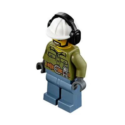  Volcano Explorer - Male, Shirt with Belt and Radio, Black Angular Beard, White Construction Helmet with Black Ear Protectors / Headphones