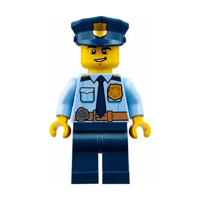  Police - City Shirt with Dark Blue Tie and Gold Badge, Dark Tan Belt with Radio, Dark Blue Legs, Police Hat with Gold Badge, Lopsided Grin