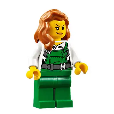  Police - City Bandit Female with Green Overalls, Dark Orange Female Hair over Shoulder, Nougat Lips Smirk