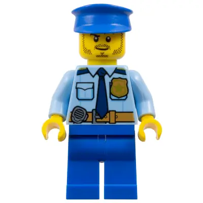  Police - City Shirt with Dark Blue Tie and Gold Badge, Dark Tan Belt with Radio, Blue Legs, Blue Police Hat, Black Stubble and Raised Right Eyebrow