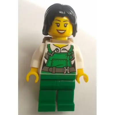  Police - City Bandit Female with Green Overalls, Black Mid-Length Tousled Hair, Backpack, Dark Orange Lips Open Mouth Smile