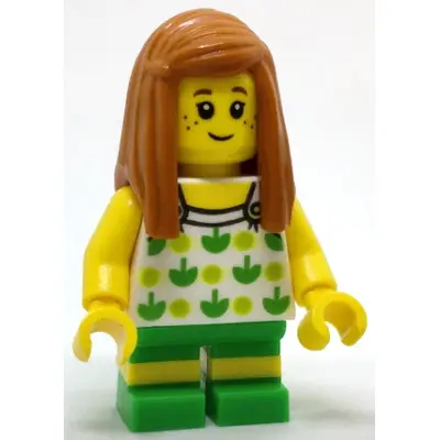  Child - Girl, White Halter Top with Green Apples and Lime Spots, Bright Green Short Legs with Molded Yellow Stripes, Dark Orange Long Hair, Freckles