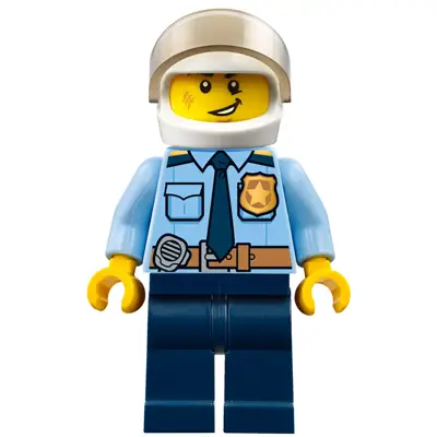  Police - City Officer Shirt with Dark Blue Tie and Gold Badge, Dark Tan Belt with Radio, Dark Blue Legs, White Helmet