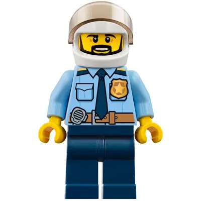  Police - City Officer Shirt with Dark Blue Tie and Gold Badge, Dark Tan Belt with Radio, Dark Blue Legs, White Helmet, Black Beard