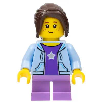  City Bus Passenger - Bright Light Blue Hoodie, Medium Lavender Short Legs, Dark Brown Hair Ponytail Long with Side Bangs, Freckles