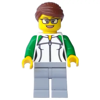  Newsstand Worker - Female, White and Green Sweatshirt with Zipper, Light Bluish Gray Legs, Reddish Brown Hair with Bun, Glasses