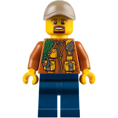  City Jungle Explorer - Dark Orange Jacket with Pouches, Dark Blue Legs, Dark Tan Cap with Hole, Brown Moustache and Goatee