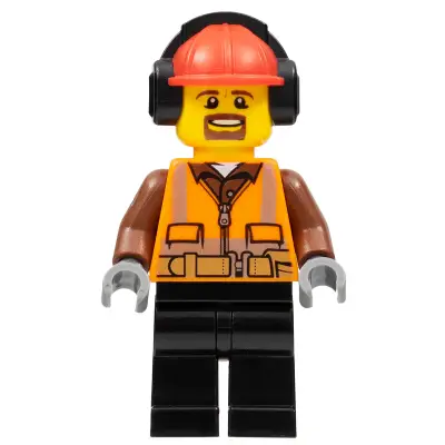  Cargo Center Worker - Male, Orange Safety Vest, Reflective Stripes, Reddish Brown Shirt, Black Legs, Red Construction Helmet with Black Ear Protectors / Headphones, Goatee