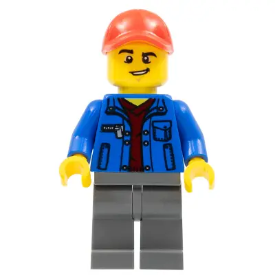  Truck Driver - Blue Jacket over Dark Red V-Neck Sweater, Dark Bluish Gray Legs, Red Cap with Hole, Lopsided Grin