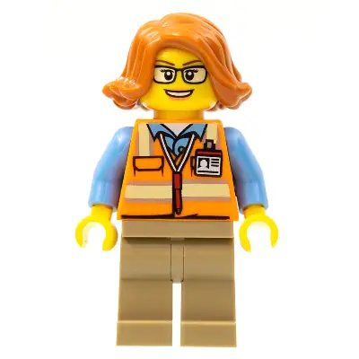  Cargo Office Worker - Orange Safety Vest with Reflective Stripes, Dark Tan Legs, Dark Orange Female Hair Short Swept Sideways, Glasses