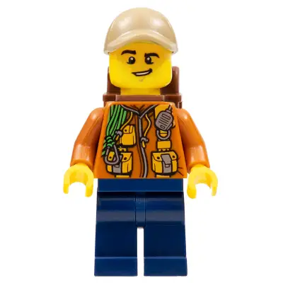  City Jungle Explorer - Dark Orange Jacket with Pouches, Dark Blue Legs, Dark Tan Cap with Hole, Backpack, Lopsided Grin