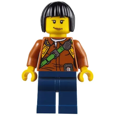  City Jungle Explorer Female - Dark Orange Shirt with Green Strap, Dark Blue Legs, Black Bob Cut Hair, Medium Nougat Lips Lopsided Smile