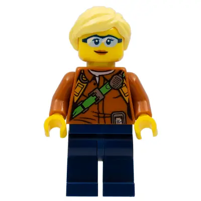  City Jungle Explorer Female - Dark Orange Shirt with Green Strap, Dark Blue Legs, Bright Light Yellow Ponytail and Swept Sideways Fringe