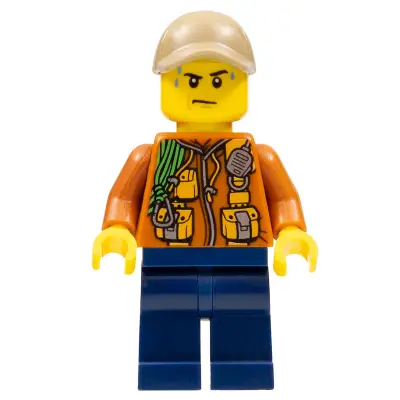  City Jungle Explorer - Dark Orange Jacket with Pouches, Dark Blue Legs, Dark Tan Cap with Hole, Sweat Drops