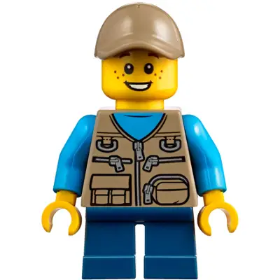  Child - Boy, Dark Tan Vest over Dark Azure Shirt, Dark Blue Short Legs, Dark Tan Cap, Freckles