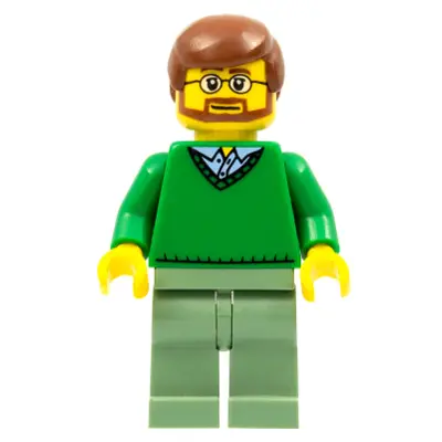  Green V-Neck Sweater, Sand Green Legs, Reddish Brown Hair, Beard