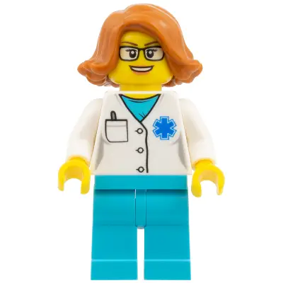  Doctor - EMT Star of Life, Medium Azure Legs, Dark Orange Female Hair Short Swept Sideways, Glasses