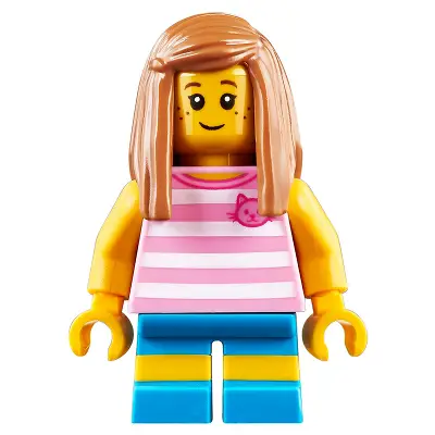  Child - Girl, Bright Pink Striped Shirt with Cat Head, Dark Azure Short Legs with Molded Yellow Stripes, Medium Nougat Long Hair, Freckles