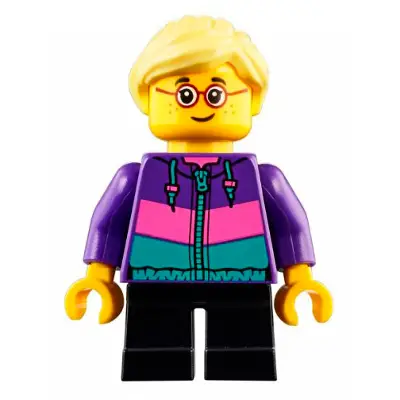  Child - Girl, Dark Purple Jacket, Black Short Legs, Bright Light Yellow Ponytail, Glasses, Freckles