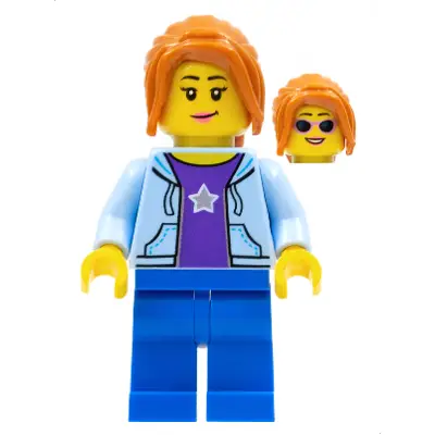  Hiker, Female, Bright Light Blue Hoodie over Dark Purple Star Shirt, Dark Orange Ponytail Long with Side Bangs