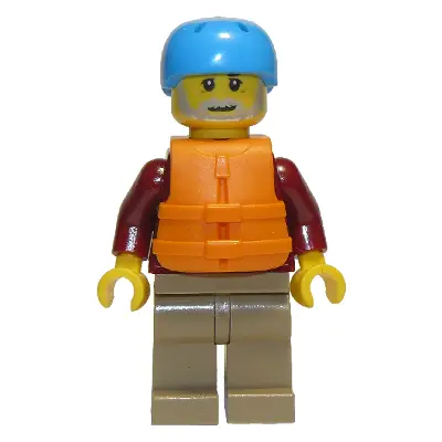  Man, Dark Red Jacket with Bright Light Blue Shirt, Dark Tan Legs, Orange Life Jacket, Dark Azure Sports Helmet, Beard (Rafter)