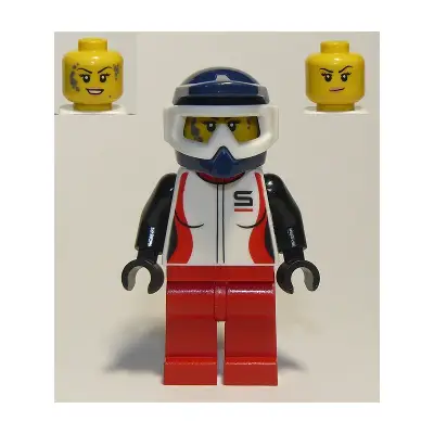  Trail Cyclist, Female, Red and White Racing Jacket, Dark Blue Dirt Bike Helmet